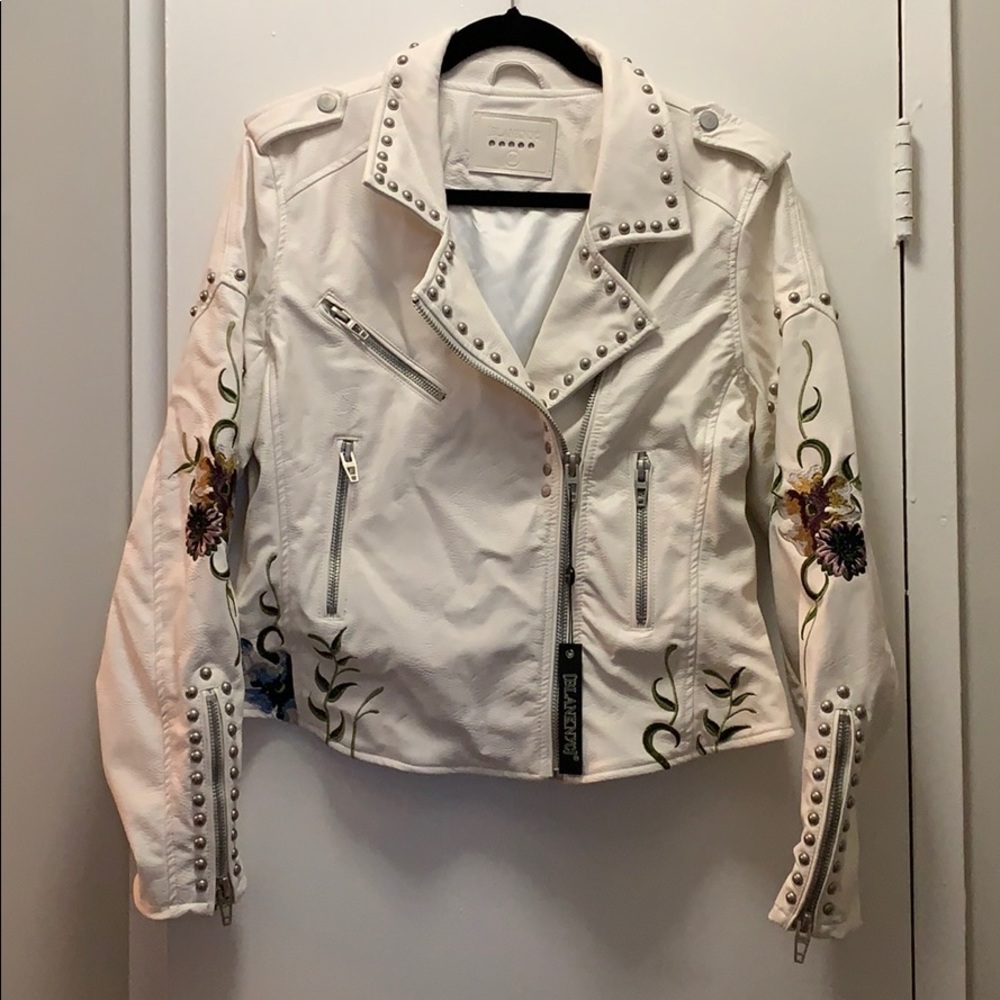 BLANKNYC Embroidered white leather jacket